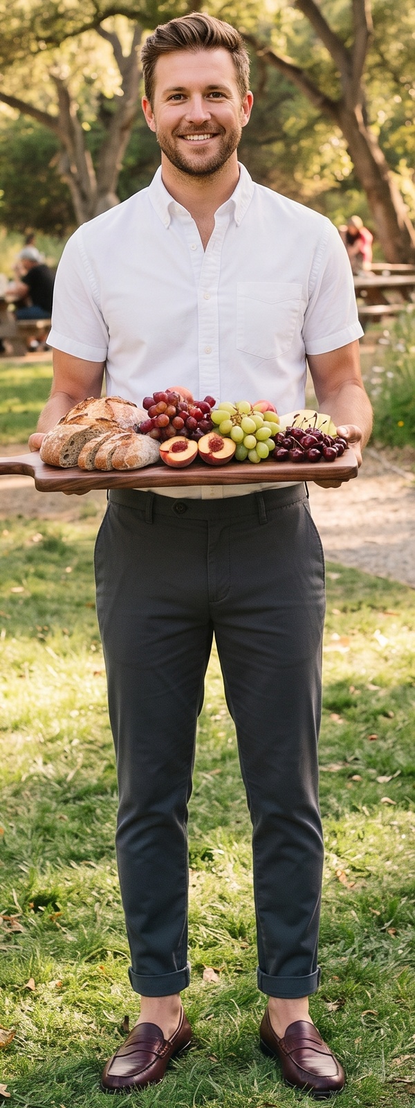 White Oxford Short Sleeve Shirt and Charcoal Chino Pants Picnic Look