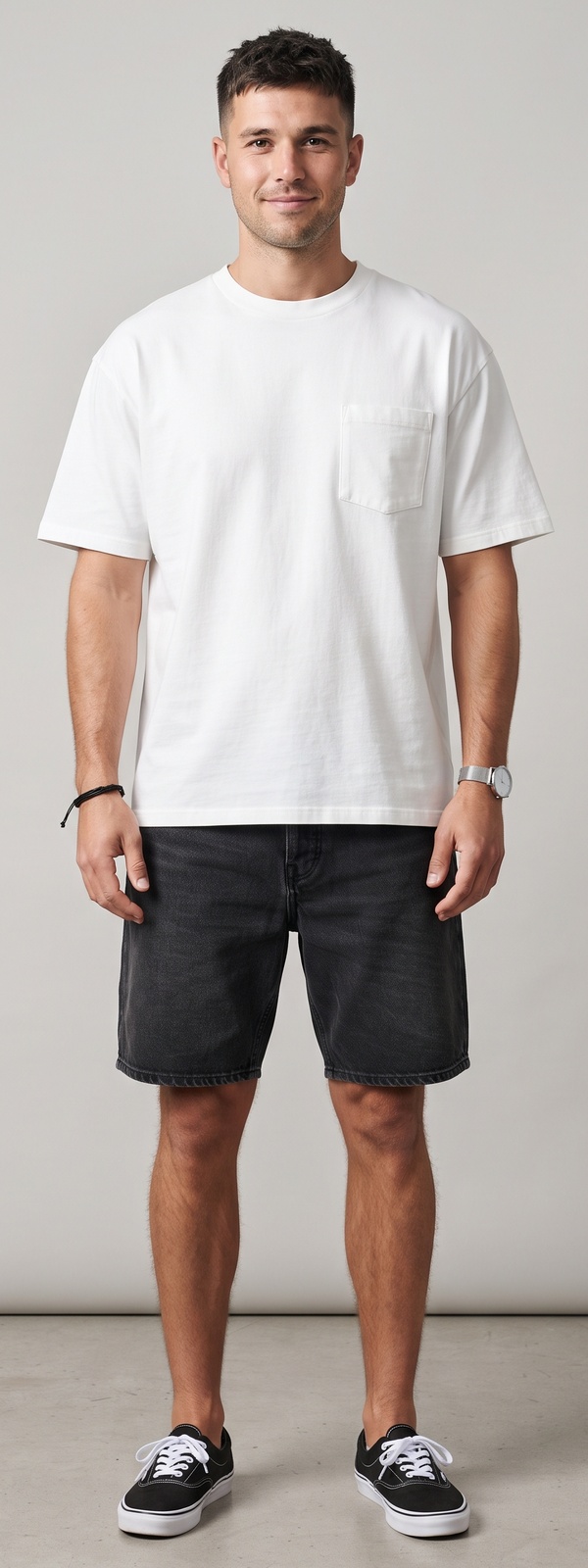 Heavyweight White Pocket Tee and Washed Black Denim Shorts Look