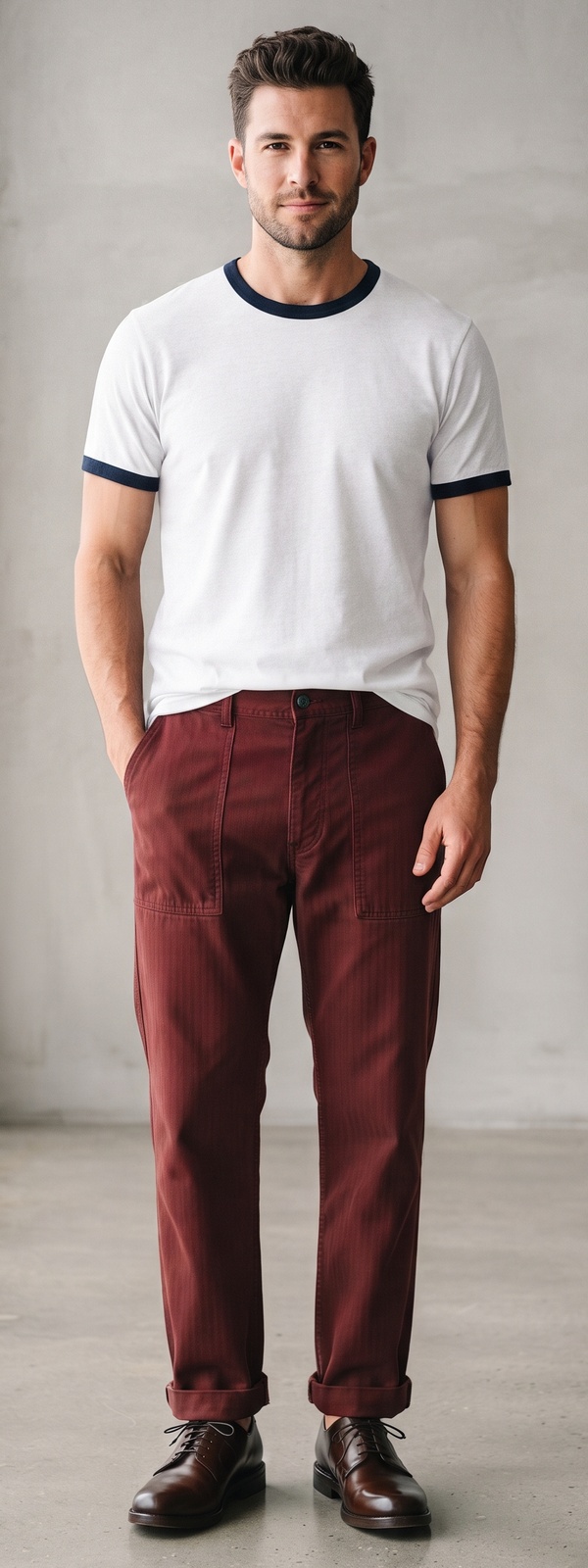 White Ringer Tee with Burgundy Fatigue Pants and Derbies