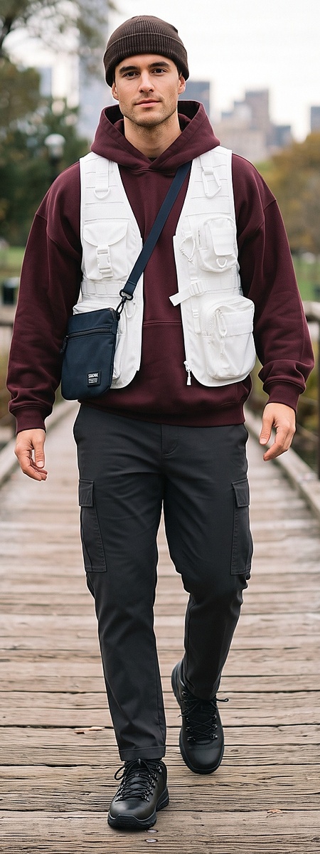Streetwear White Tactical Vest and Burgundy Hoodie Commuter Look
