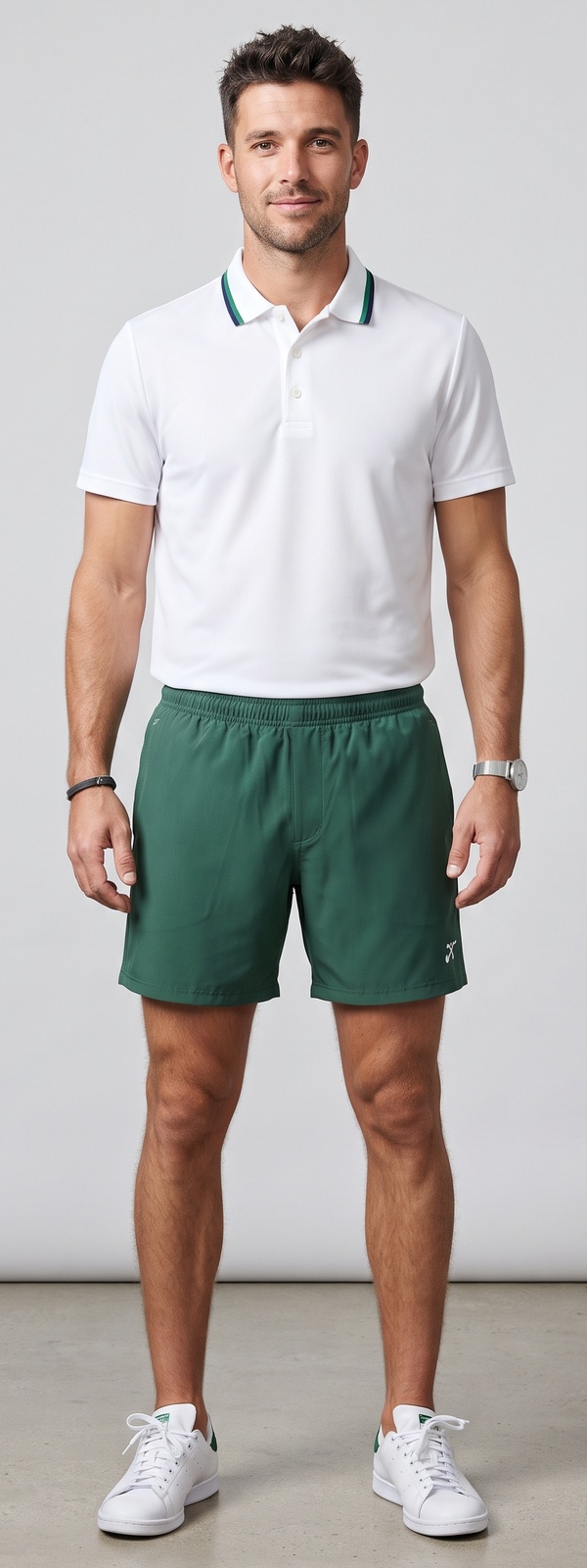 White Tipped Tennis Polo and Forest Green Retro Shorts Look
