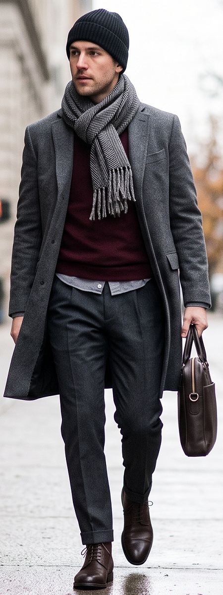 Winter Executive Grey Wool Overcoat with Herringbone Scarf, Burgundy Sweater, Charcoal Trousers, and Leather Boots Outfit