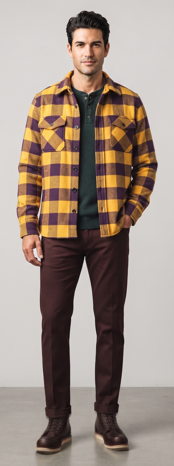 Yellow Buffalo Check Flannel Shirt Jacket Henley and Burgundy Chinos Look
