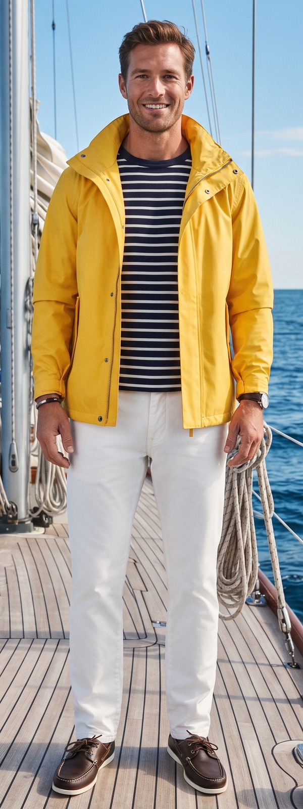 Yellow Sailing Jacket and Breton Stripe Shirt Classic Yacht Deck Look